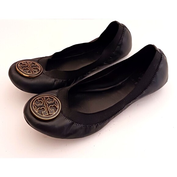 Tory Burch Caroline Blk Leather Ballet Flat Gold Enamel Logo Stretch Top 6.5M - Picture 4 of 9